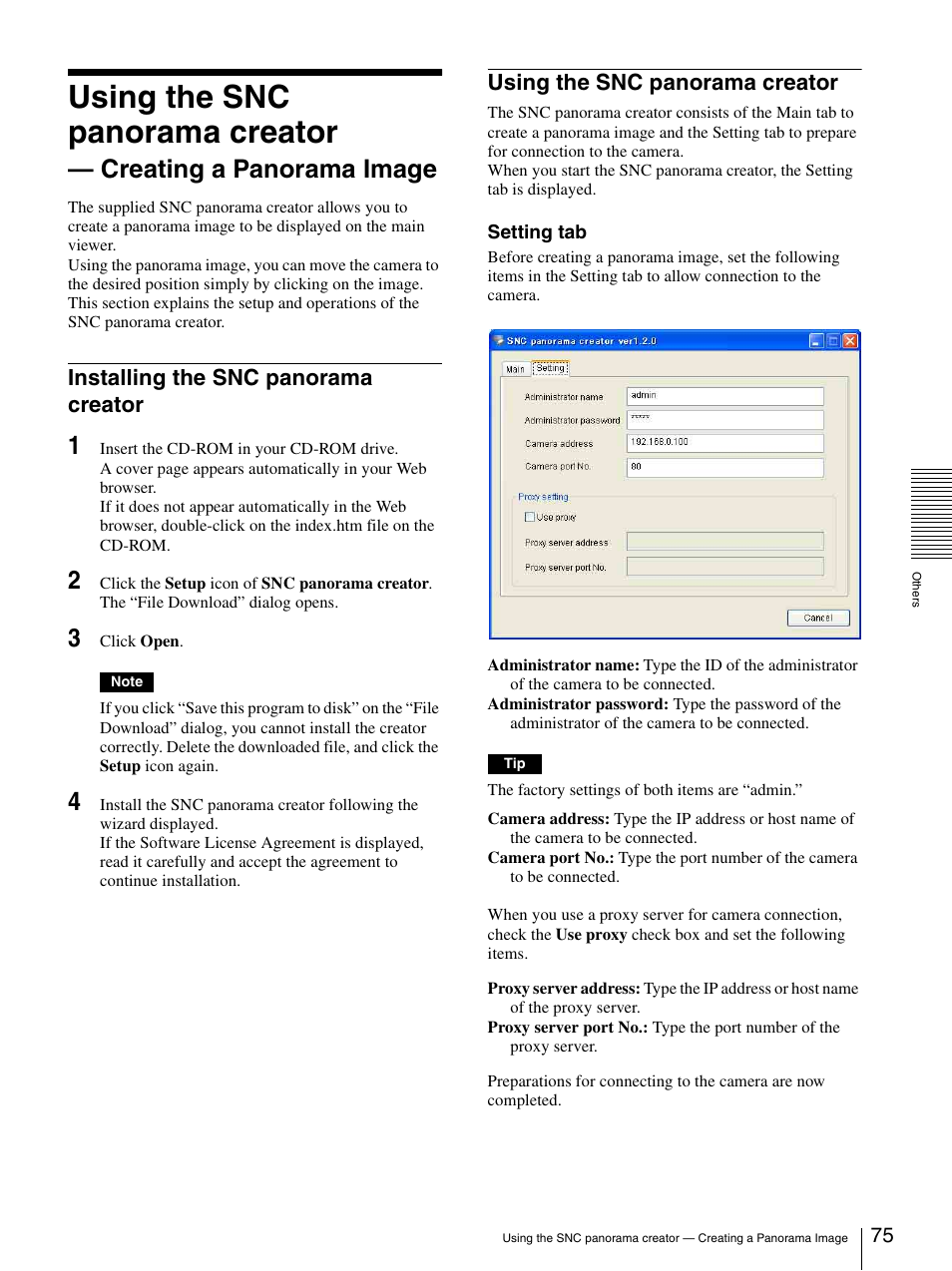 Installing the snc panorama creator, Using the snc panorama creator, Creating a panorama image | Sony SNC-RZ25P User Manual | Page 75 / 87