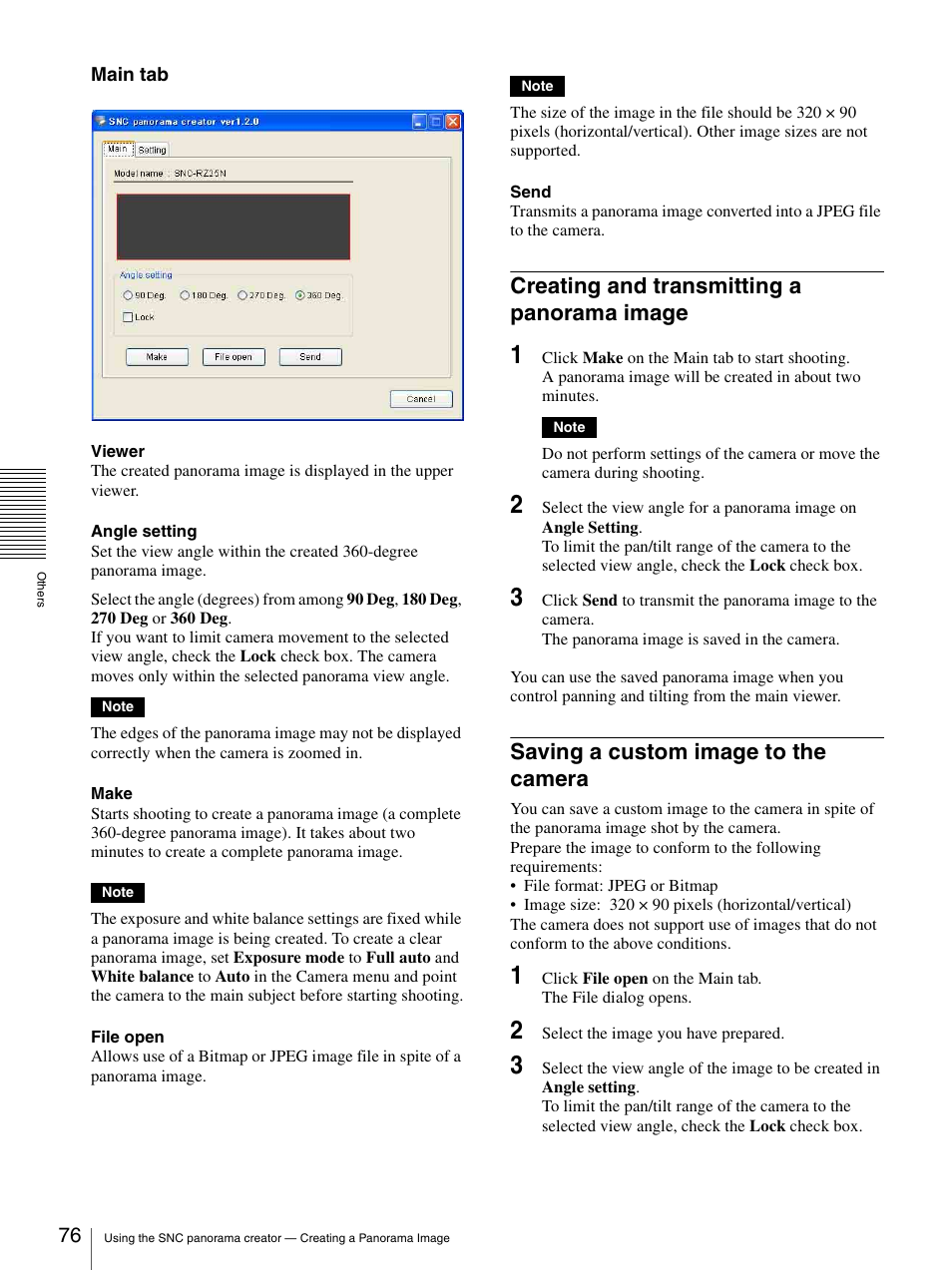 Creating and transmitting a panorama image, Saving a custom image to the camera | Sony SNC-RZ25P User Manual | Page 76 / 87