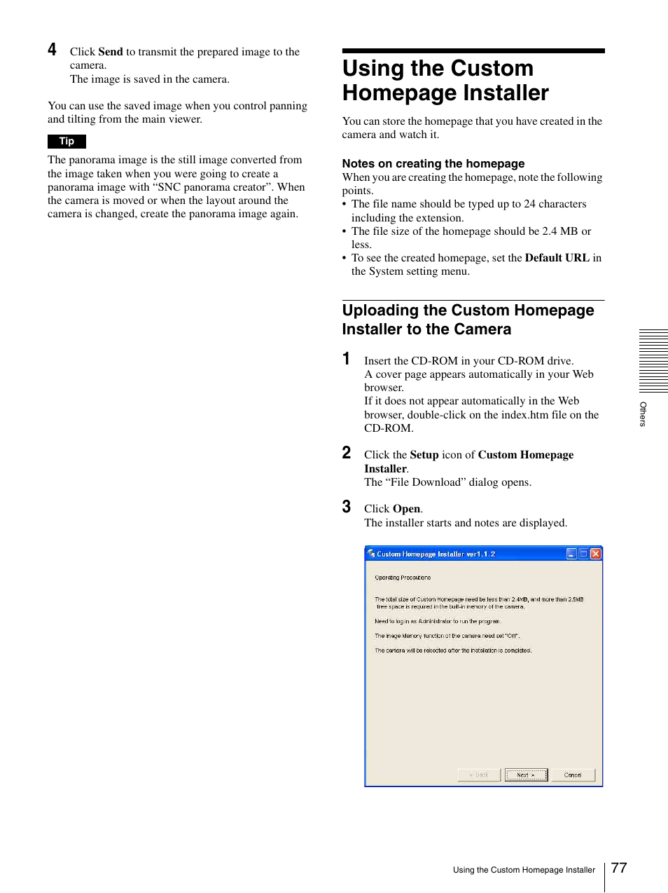 Camera, Using the custom homepage installer | Sony SNC-RZ25P User Manual | Page 77 / 87