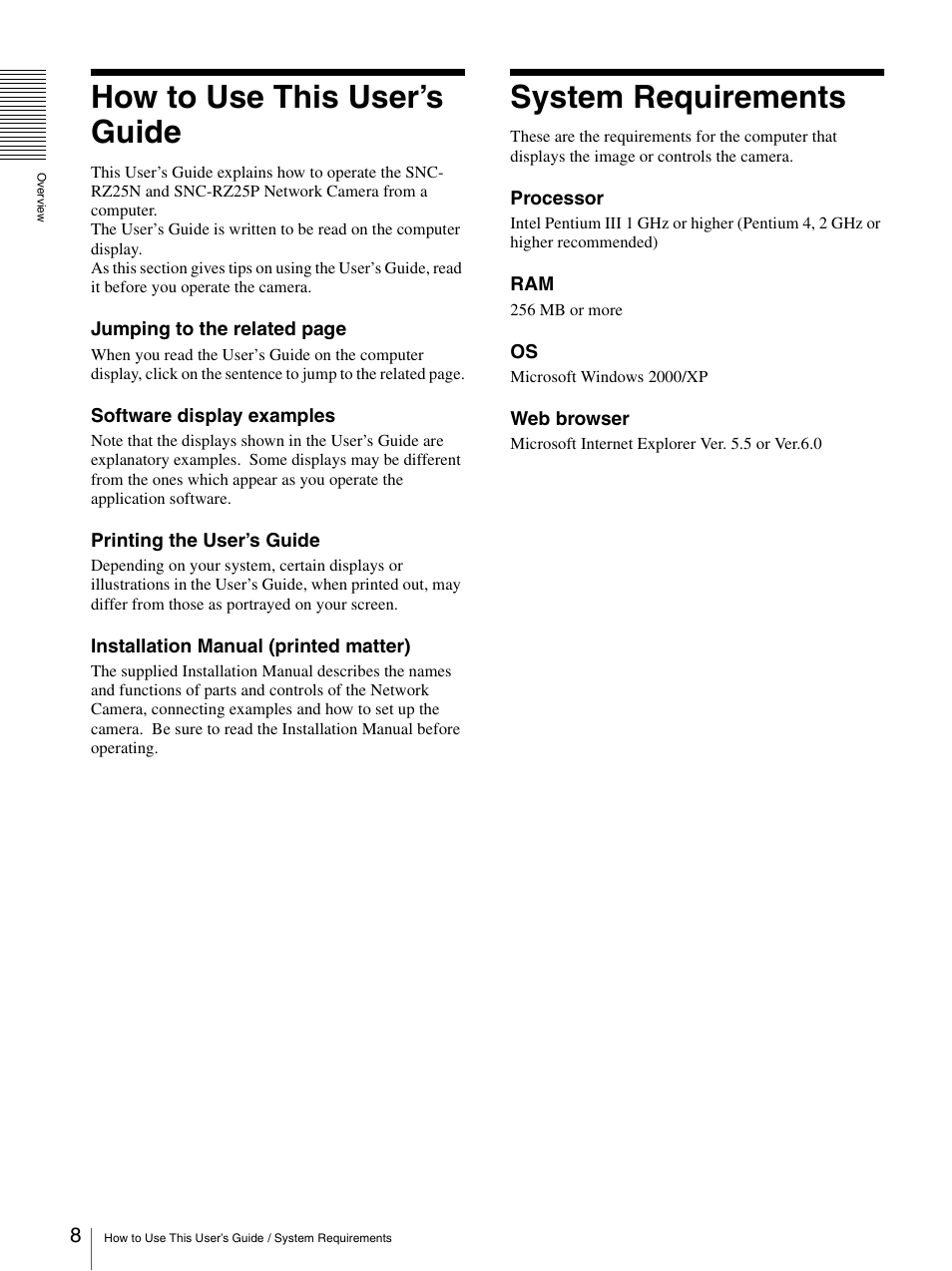 How to use this user’s guide, System requirements, How to use this user’s guide system requirements | Sony SNC-RZ25P User Manual | Page 8 / 87