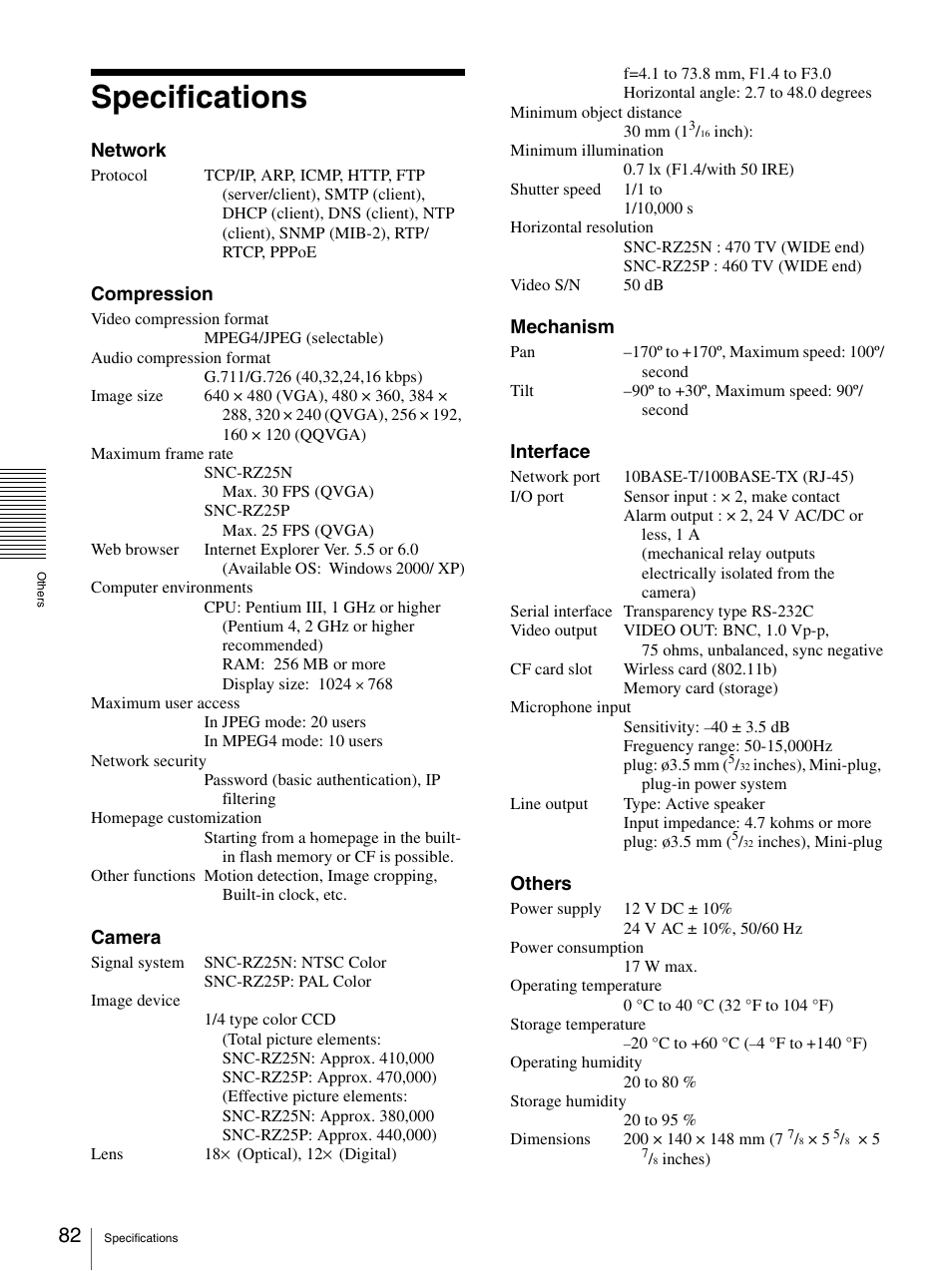 Specifications | Sony SNC-RZ25P User Manual | Page 82 / 87