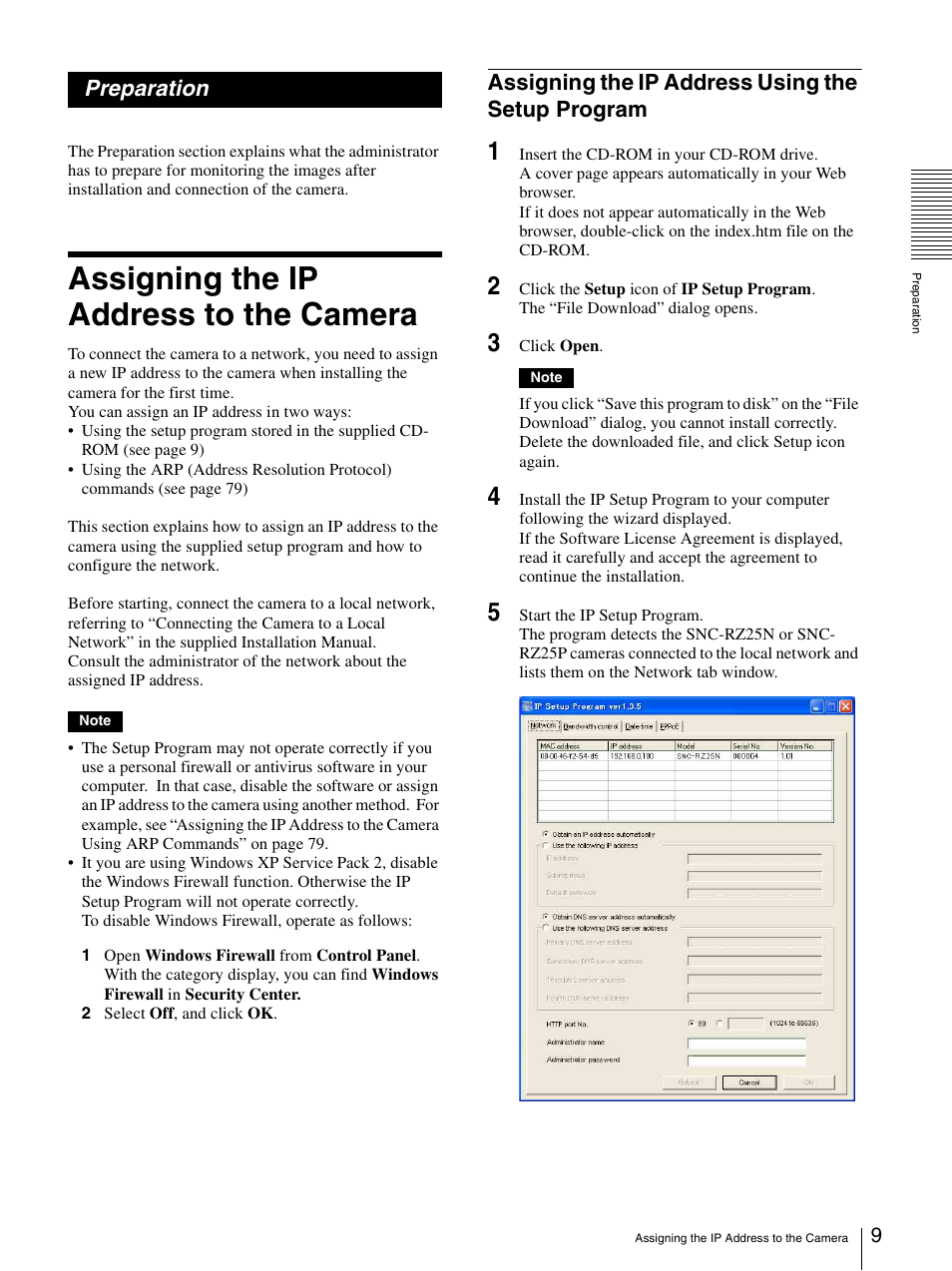 Preparation, Assigning the ip address to the camera, Assigning the ip address using the setup program | Assigning the ip address using the setup, Program | Sony SNC-RZ25P User Manual | Page 9 / 87