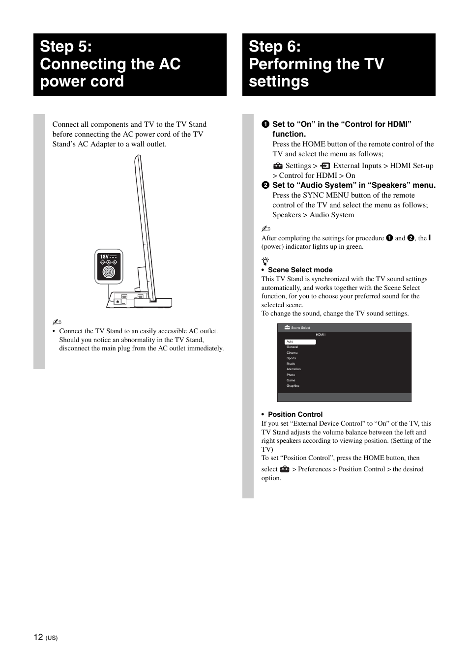 Step 5: connecting the ac power cord, Step 6: performing the tv settings | Sony SU-B551S User Manual | Page 12 / 60