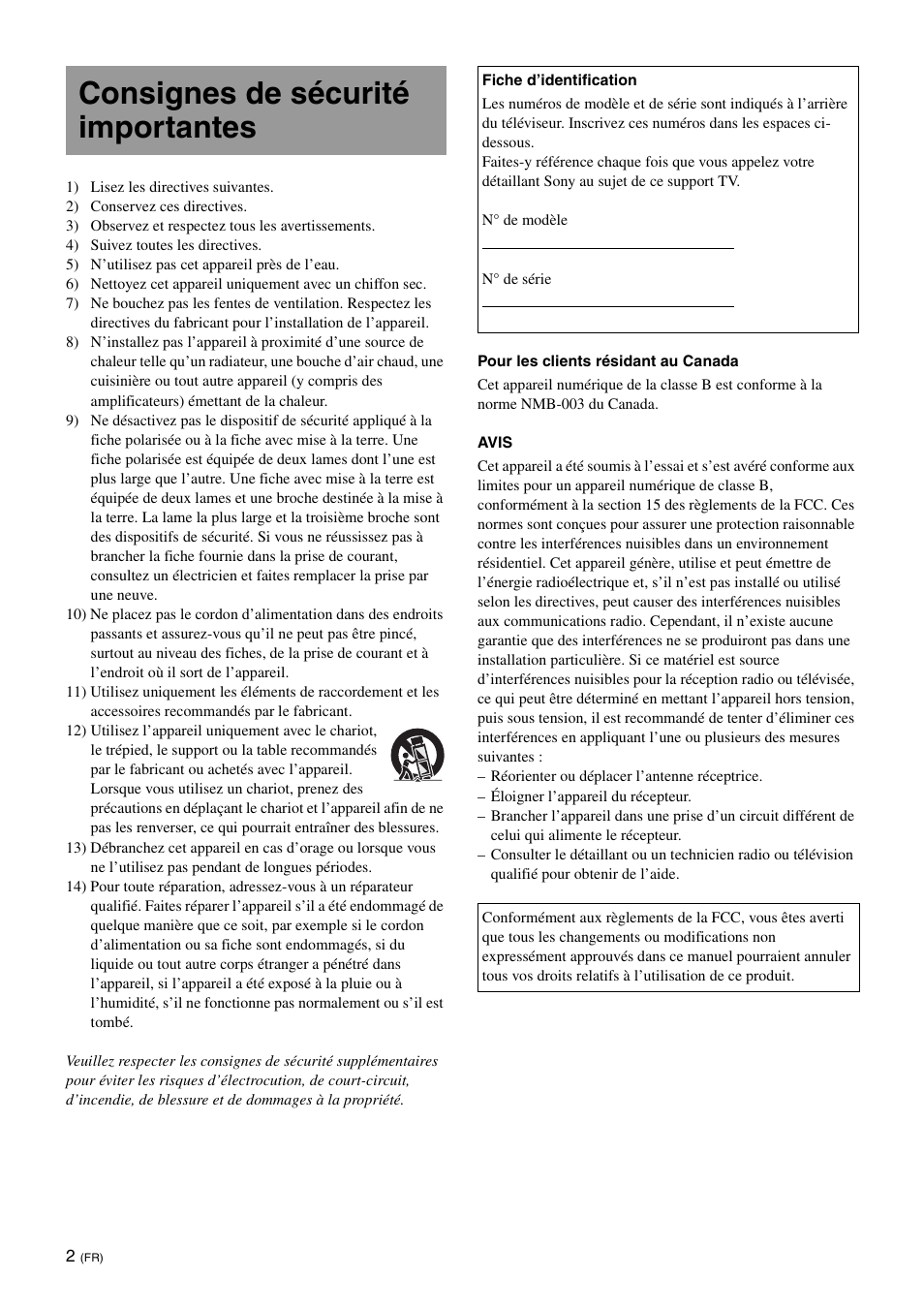 Consignes de sécurité importantes | Sony SU-B551S User Manual | Page 16 / 60