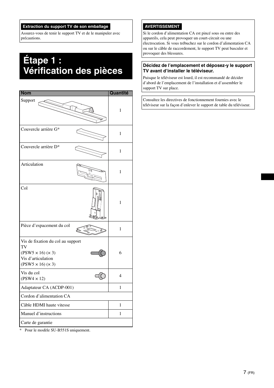 Étape 1 : vérification des pièces | Sony SU-B551S User Manual | Page 21 / 60