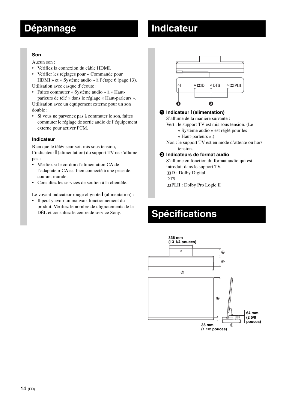 Dépannage, Indicateur, Spécifications | Sony SU-B551S User Manual | Page 28 / 60