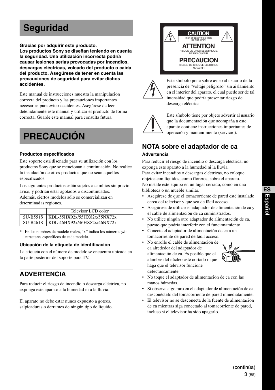 Seguridad, Precaución, Seguridad precaución | Advertencia, Nota sobre el adaptador de ca, Attention, Precaucion, Es esp a ñol | Sony SU-B551S User Manual | Page 31 / 60