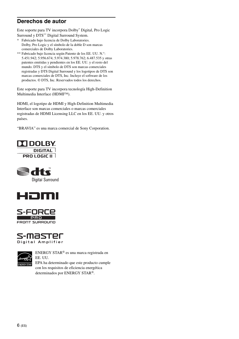 Derechos de autor | Sony SU-B551S User Manual | Page 34 / 60