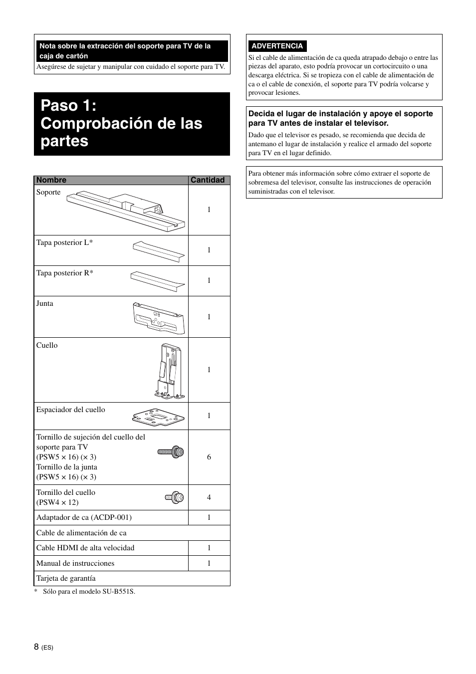 Paso 1: comprobación de las partes | Sony SU-B551S User Manual | Page 36 / 60