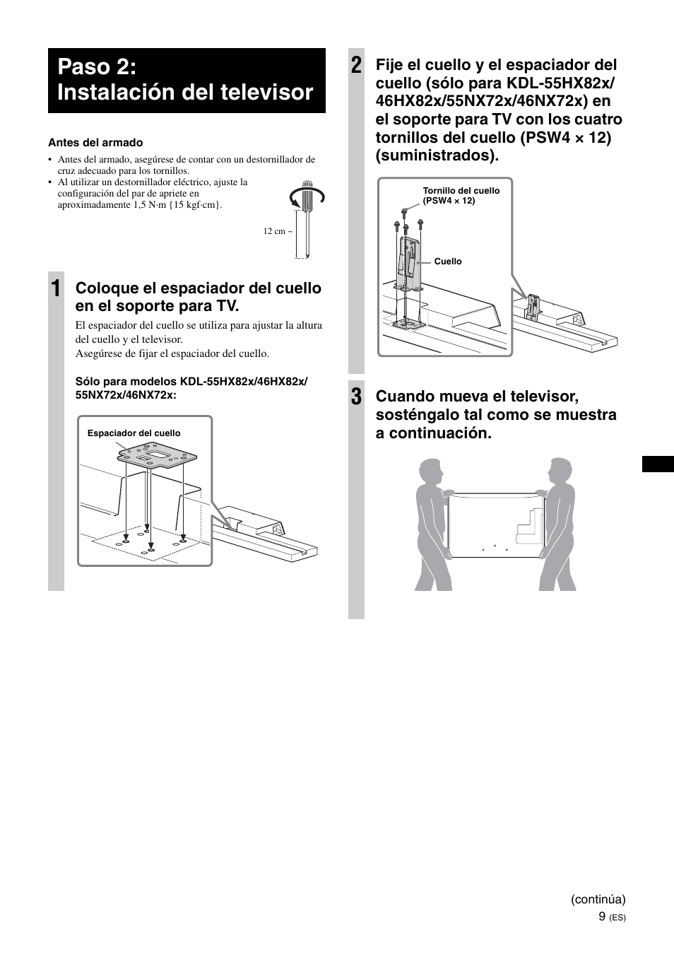 Paso 2: instalación del televisor, Paso 2: instalación del televisor 1 | Sony SU-B551S User Manual | Page 37 / 60