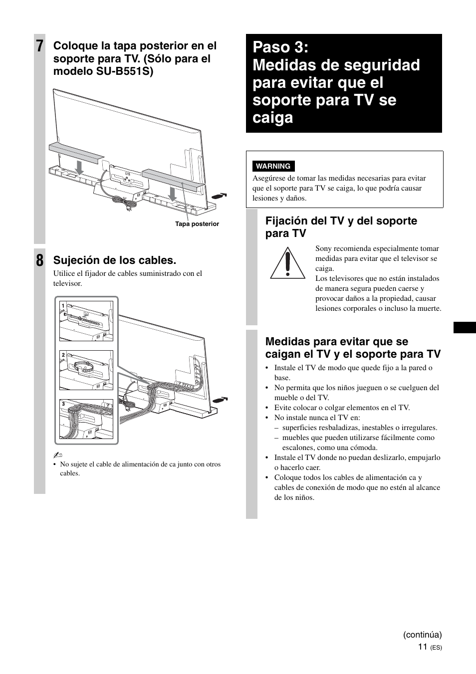 Sujeción de los cables, Fijación del tv y del soporte para tv | Sony SU-B551S User Manual | Page 39 / 60