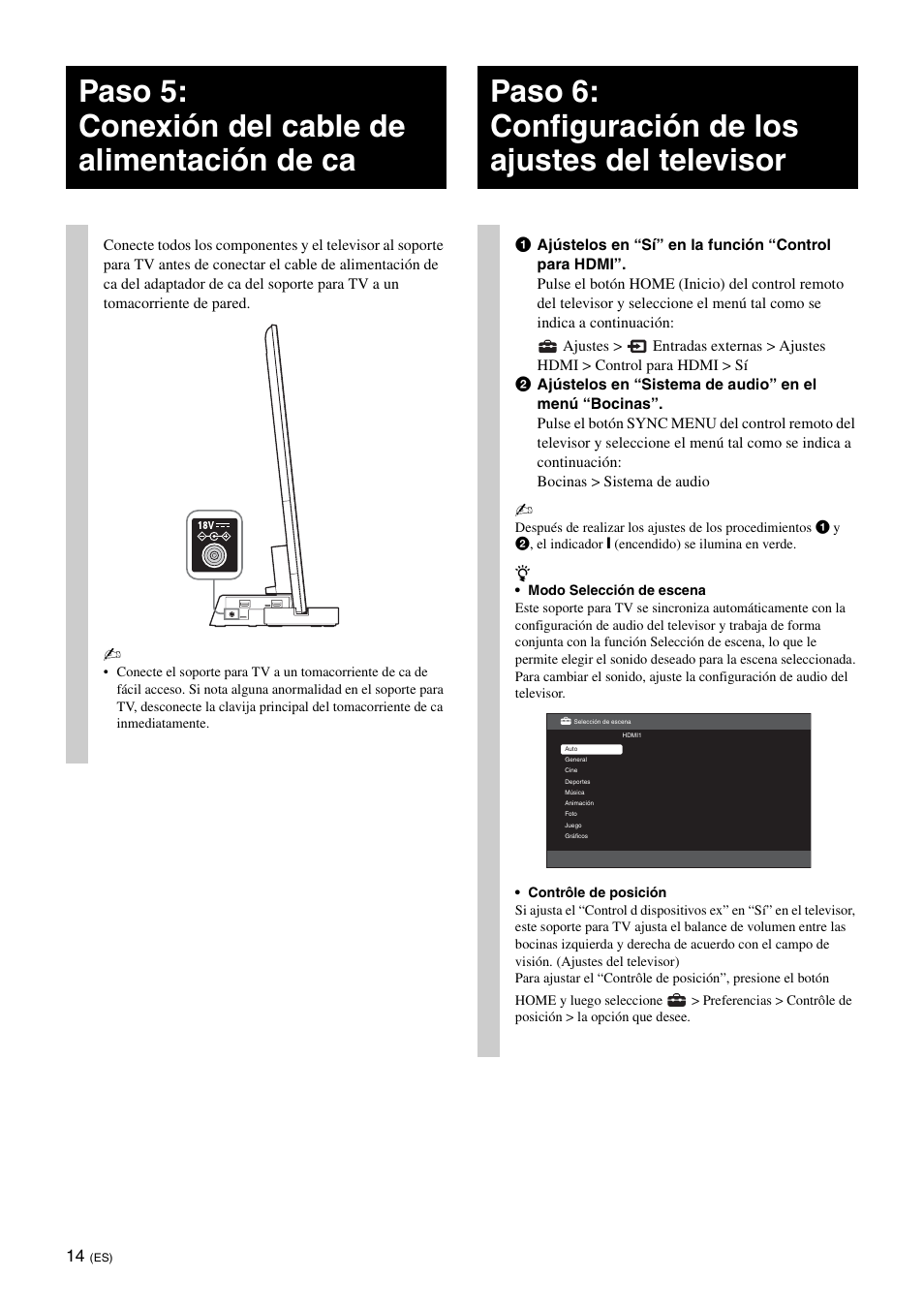 Paso 5: conexión del cable de alimentación de ca, Paso 6: configuración de los ajustes del televisor | Sony SU-B551S User Manual | Page 42 / 60