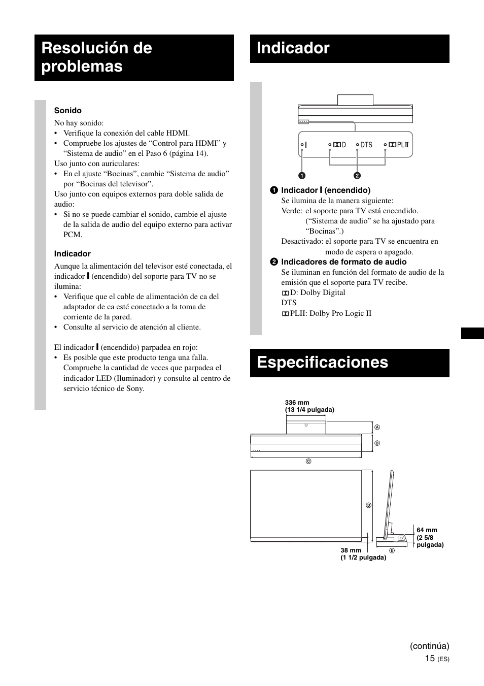 Resolución de problemas, Indicador, Especificaciones | Sony SU-B551S User Manual | Page 43 / 60