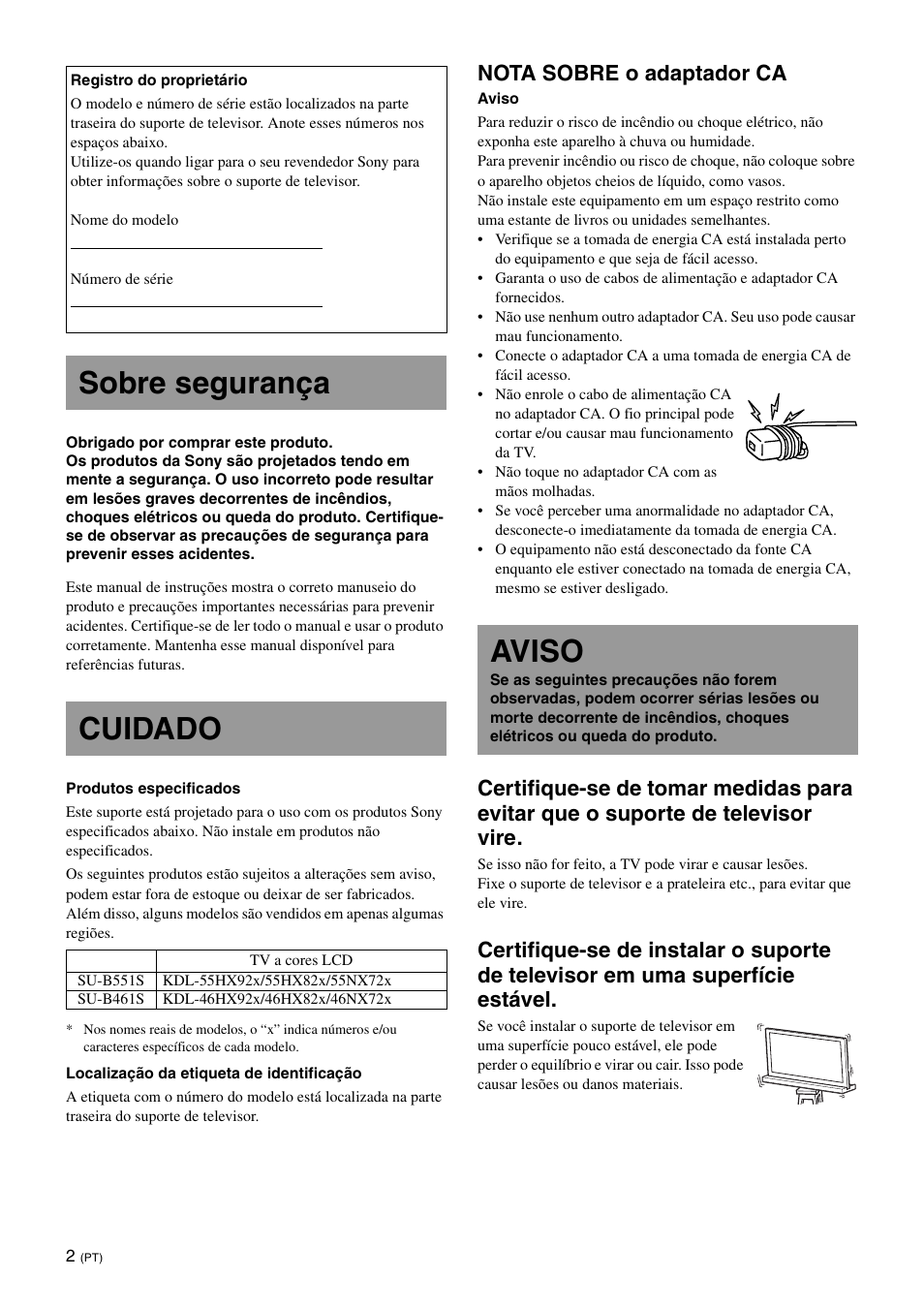Sobre segurança, Cuidado, Aviso | Sobre segurança cuidado, Nota sobre o adaptador ca | Sony SU-B551S User Manual | Page 46 / 60
