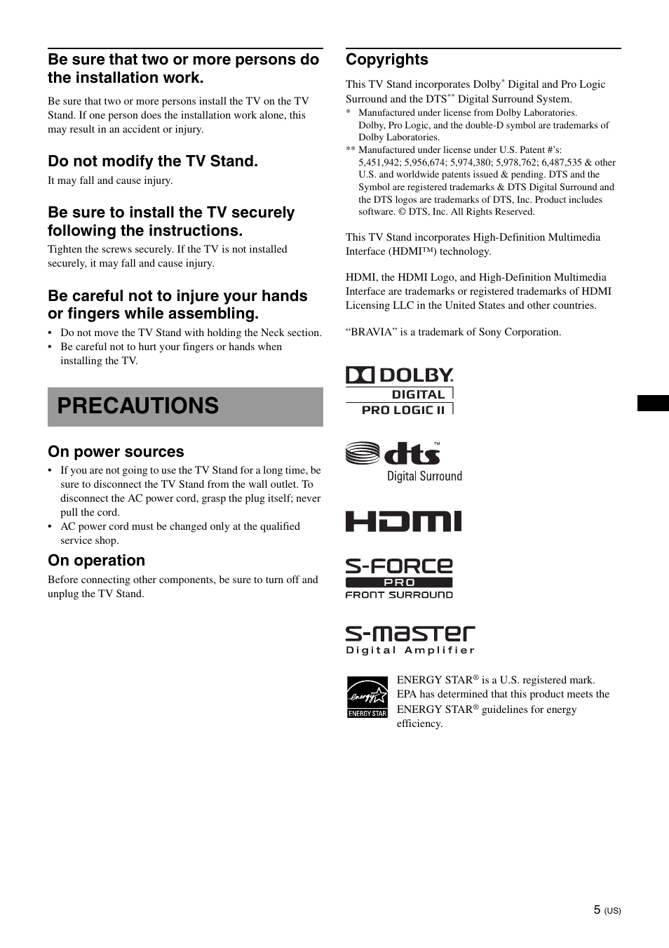 Precautions, Do not modify the tv stand, On power sources | On operation, Copyrights | Sony SU-B551S User Manual | Page 5 / 60