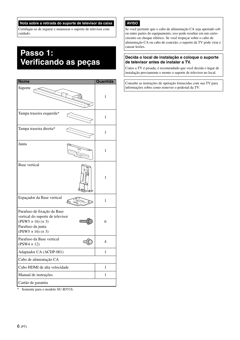 Passo 1: verificando as peças | Sony SU-B551S User Manual | Page 50 / 60