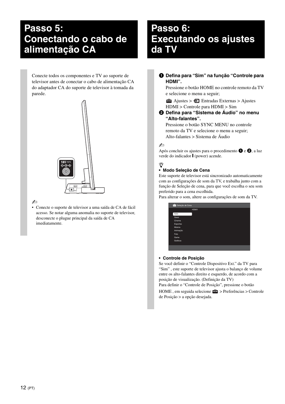 Passo 5: conectando o cabo de alimentação ca, Passo 6: executando os ajustes da tv | Sony SU-B551S User Manual | Page 56 / 60