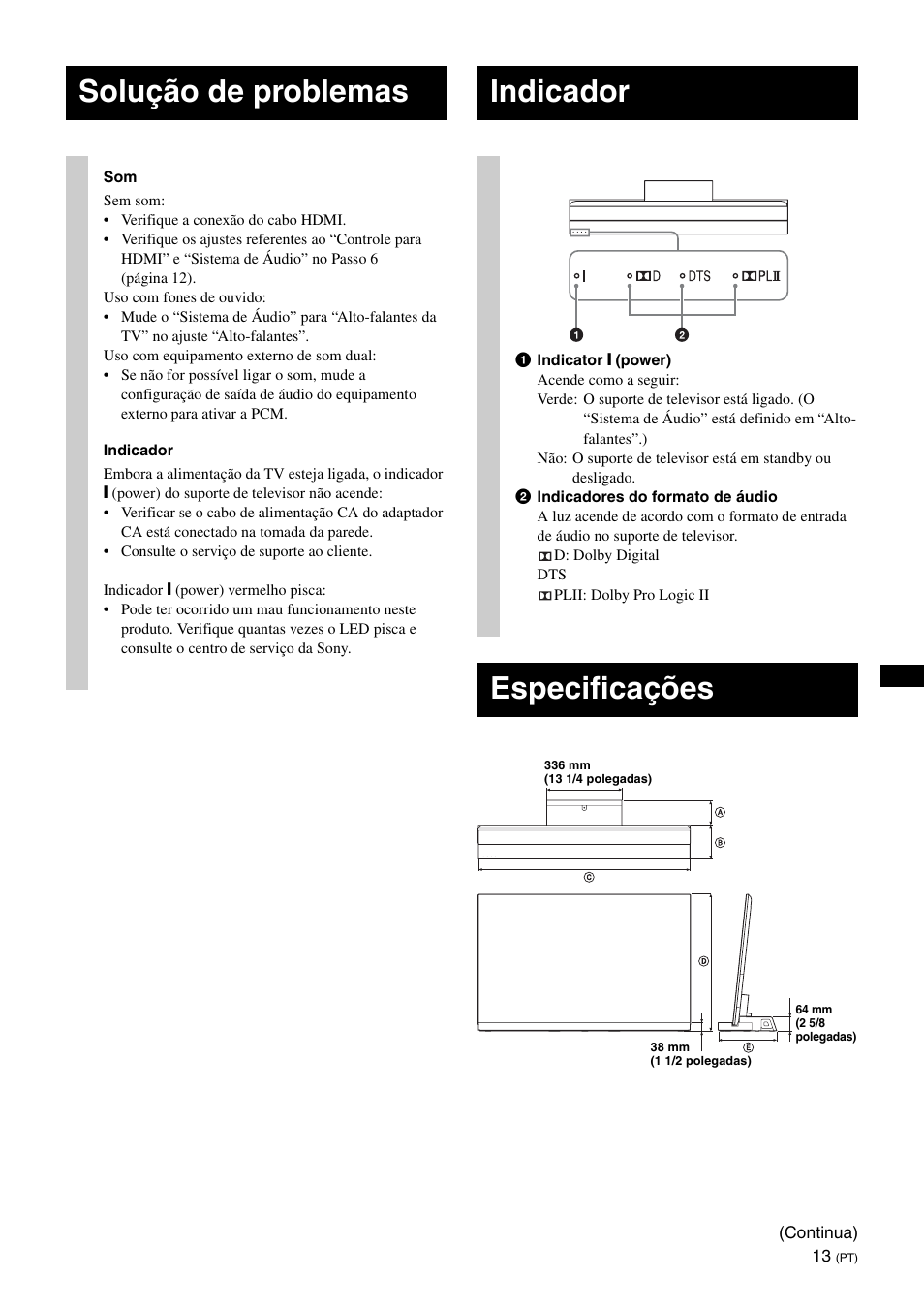 Solução de problemas, Indicador, Especificações | Sony SU-B551S User Manual | Page 57 / 60
