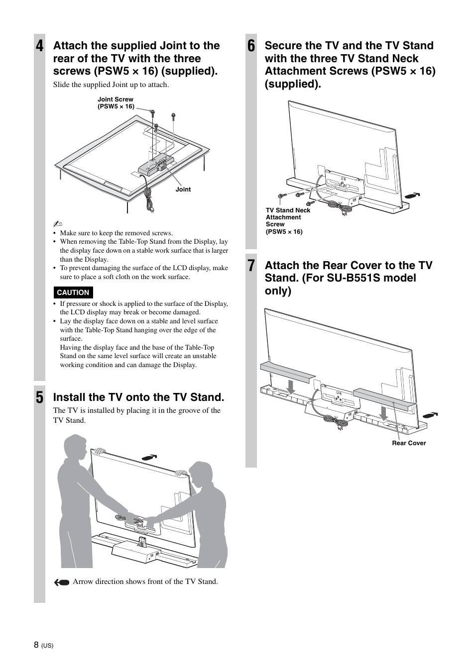 Install the tv onto the tv stand | Sony SU-B551S User Manual | Page 8 / 60