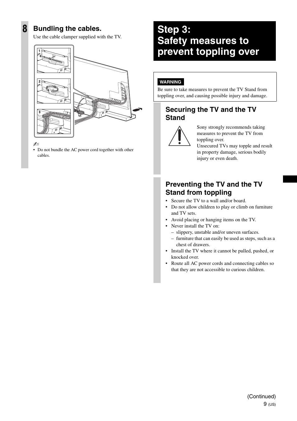 Step 3: safety measures to prevent toppling over, Bundling the cables, Securing the tv and the tv stand | Preventing the tv and the tv stand from toppling | Sony SU-B551S User Manual | Page 9 / 60