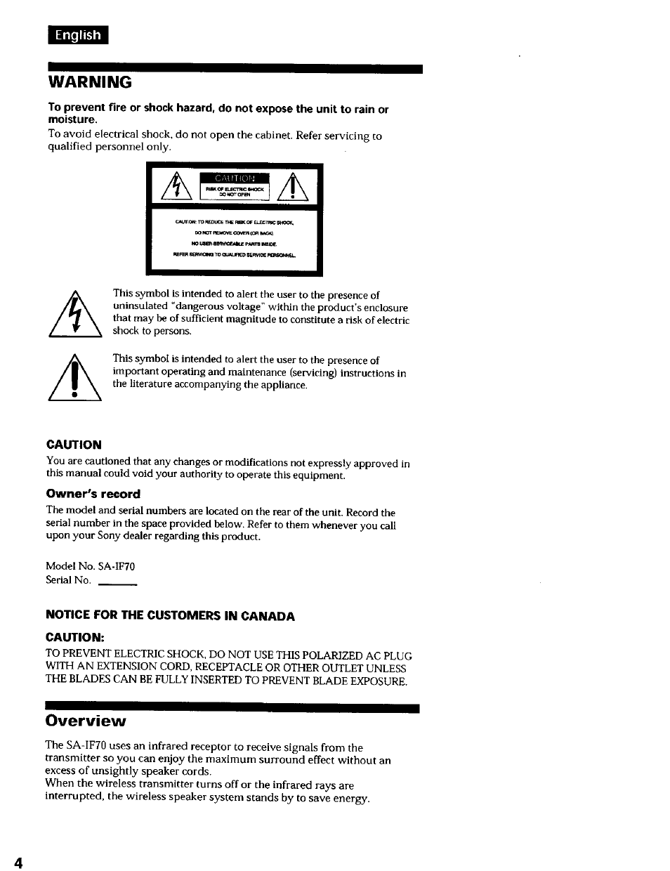Warning, Overview | Sony SA-IF70S User Manual | Page 4 / 8
