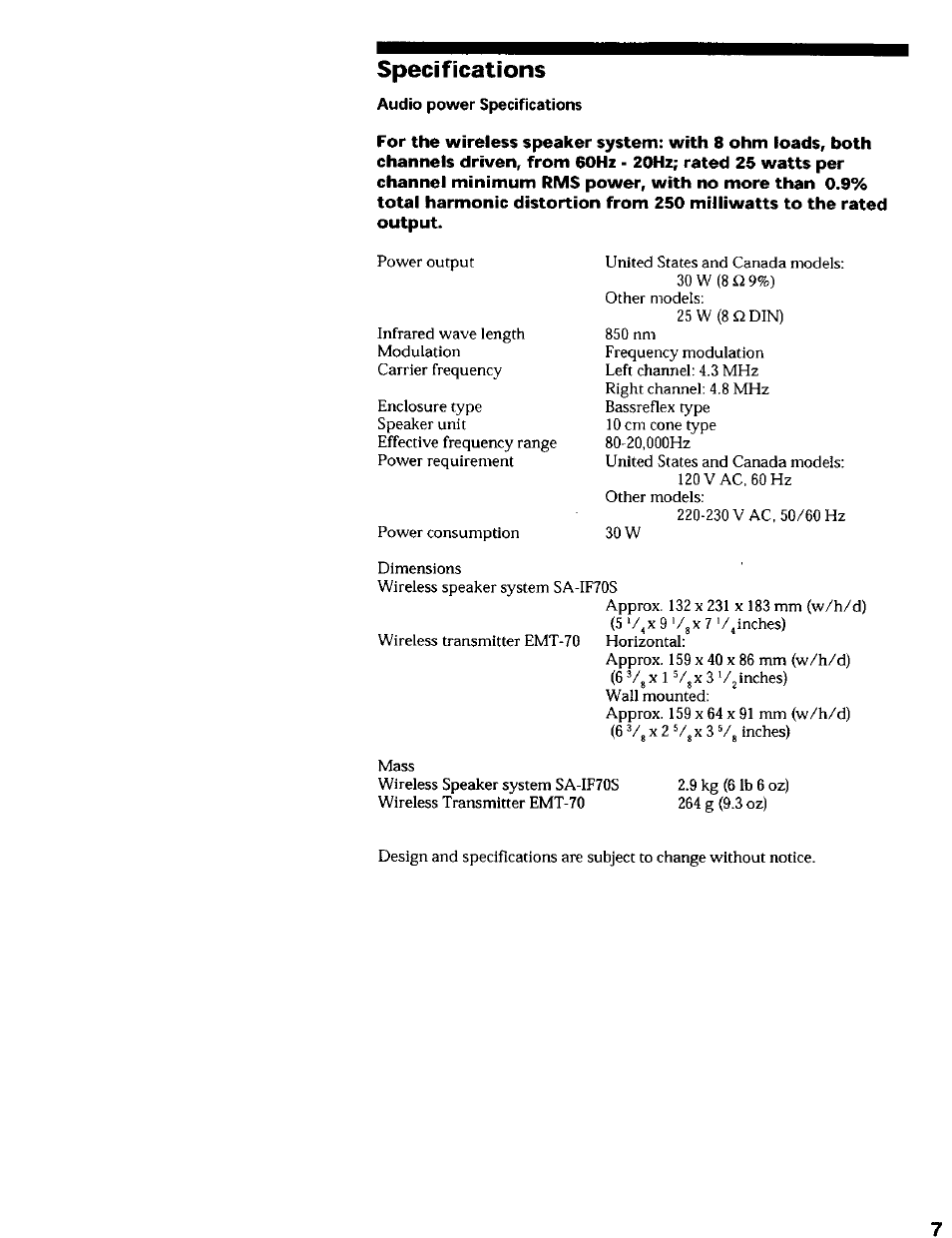 Specifications | Sony SA-IF70S User Manual | Page 7 / 8