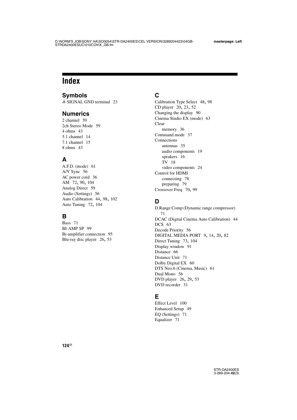 Index | Sony 3-289-204-42(3) User Manual | Page 124 / 128