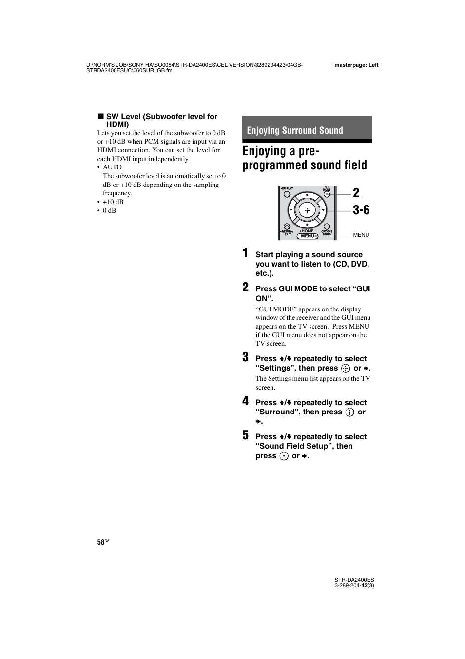 Enjoying surround sound, Enjoying a pre- programmed sound field, Enjoying a pre-programmed sound field | Enjoying a pre- programmed sound field 1 | Sony 3-289-204-42(3) User Manual | Page 58 / 128