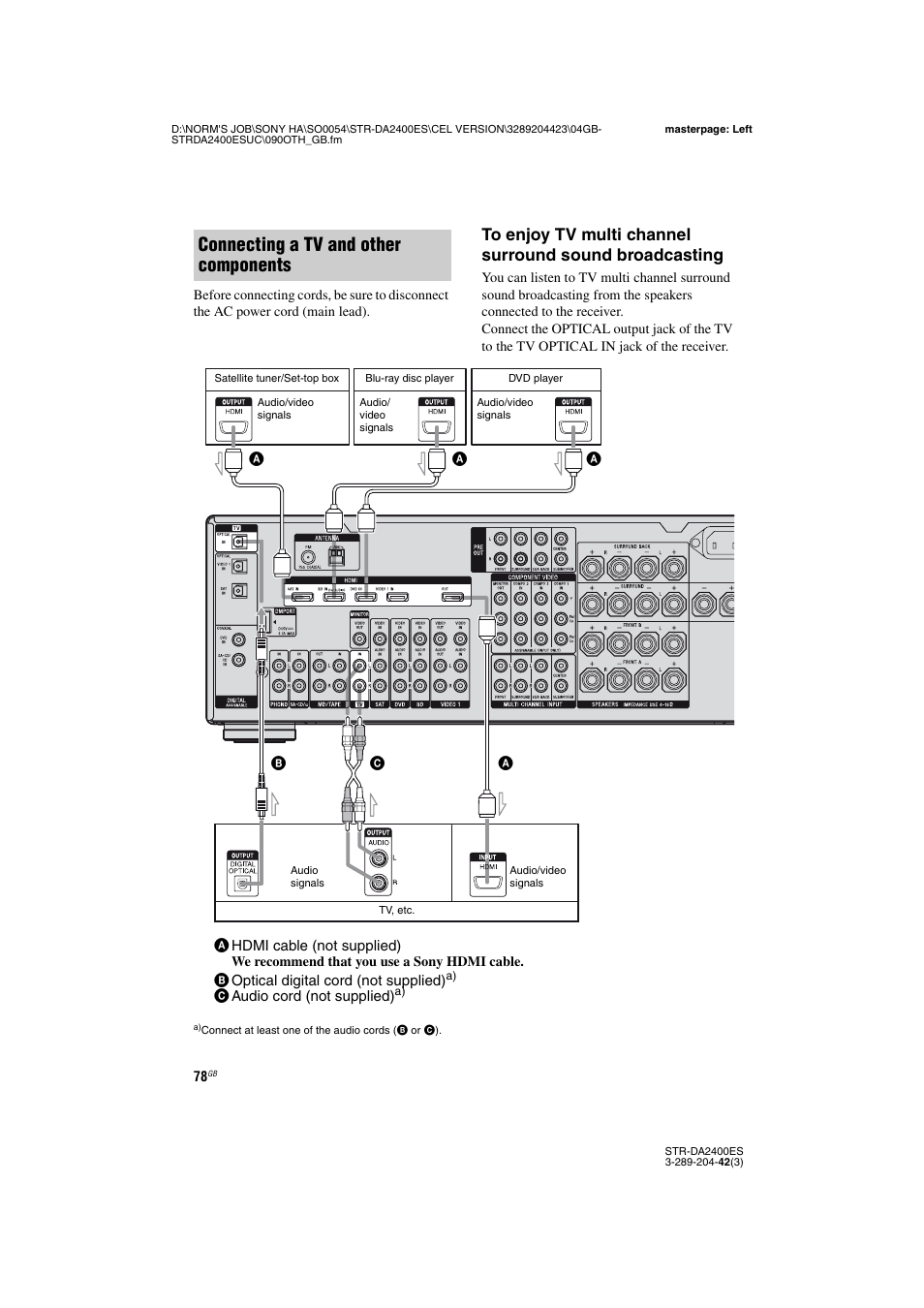 Connecting a tv and other components | Sony 3-289-204-42(3) User Manual | Page 78 / 128