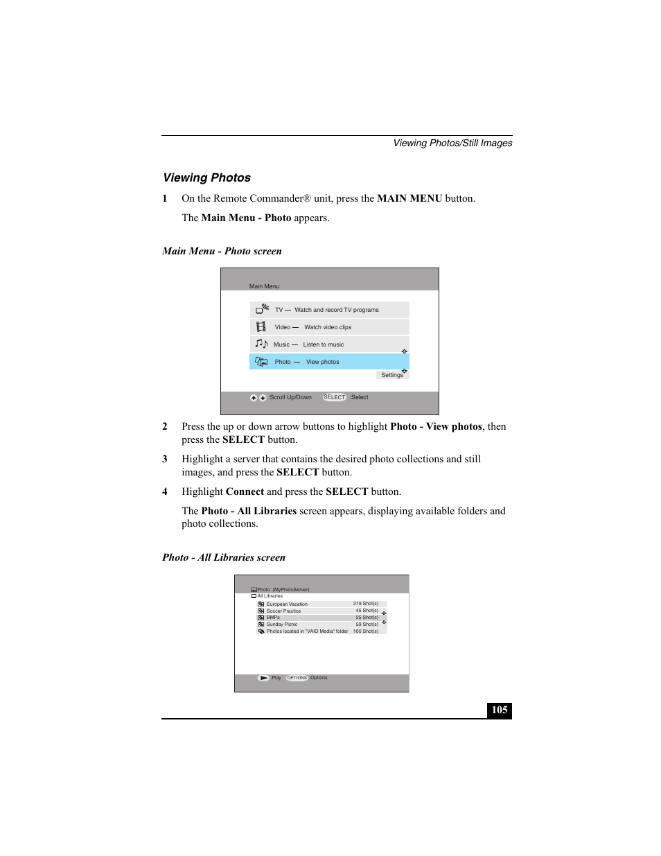 Viewing photos, Viewing photos/still images | Sony PCNA-MR10 User Manual | Page 105 / 132