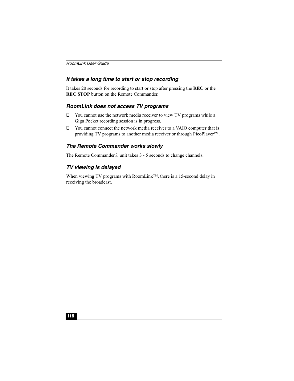 It takes a long time to start or stop recording, Roomlink does not access tv programs, The remote commander works slowly | Tv viewing is delayed | Sony PCNA-MR10 User Manual | Page 118 / 132