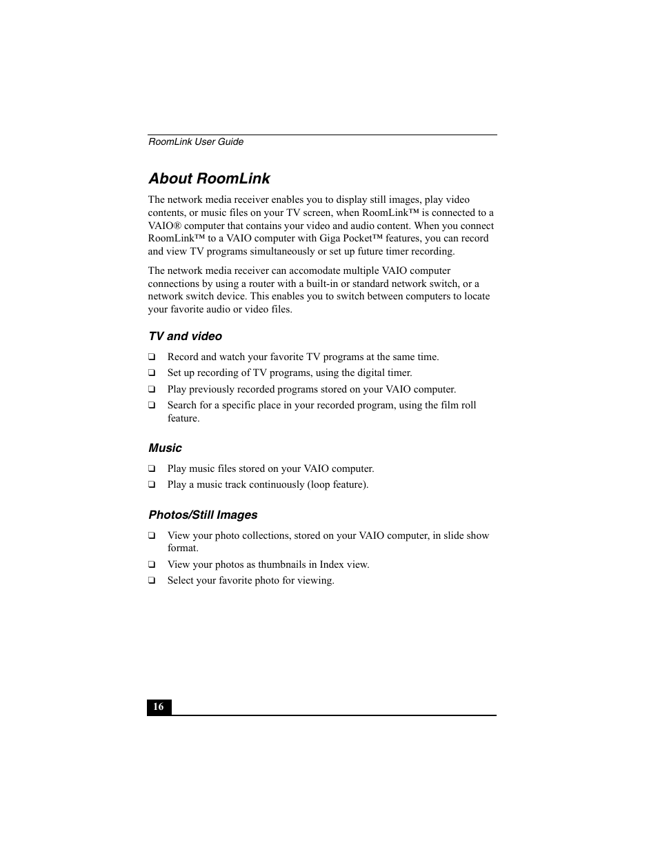 About roomlink, Tv and video, Music | Photos/still images | Sony PCNA-MR10 User Manual | Page 16 / 132