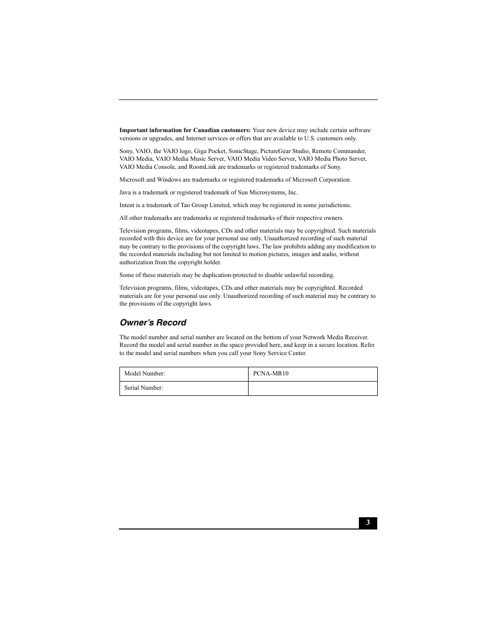 Owner’s record | Sony PCNA-MR10 User Manual | Page 3 / 132