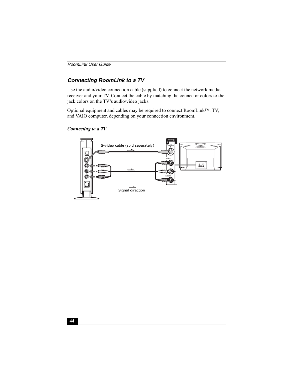 Connecting roomlink to a tv, Roomlink user guide | Sony PCNA-MR10 User Manual | Page 44 / 132