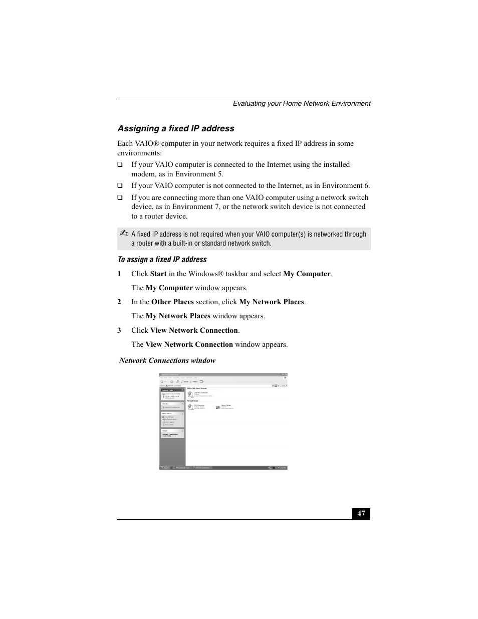 Assigning a fixed ip address, To assign a fixed ip address | Sony PCNA-MR10 User Manual | Page 47 / 132