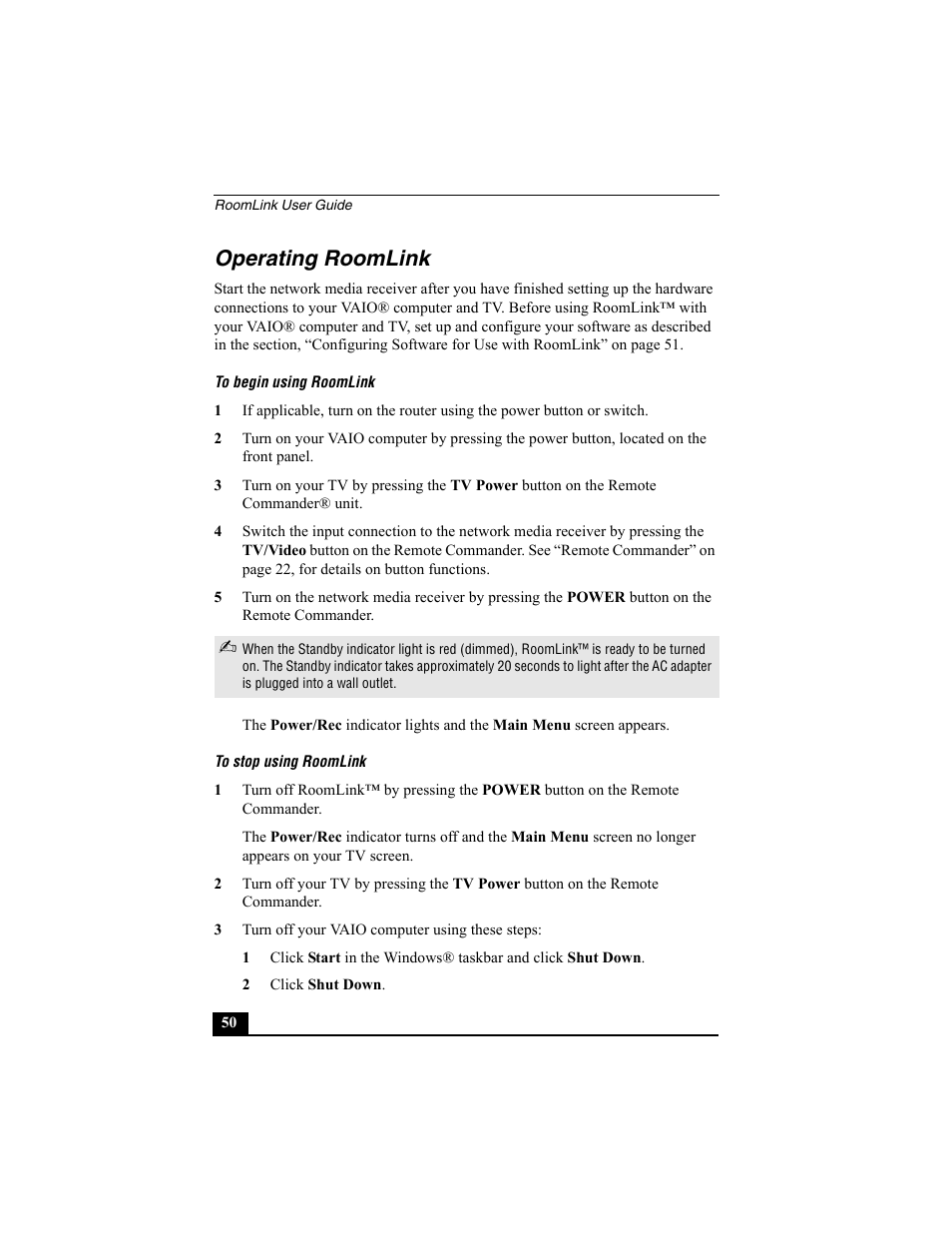 Operating roomlink, To begin using roomlink, To stop using roomlink | Sony PCNA-MR10 User Manual | Page 50 / 132