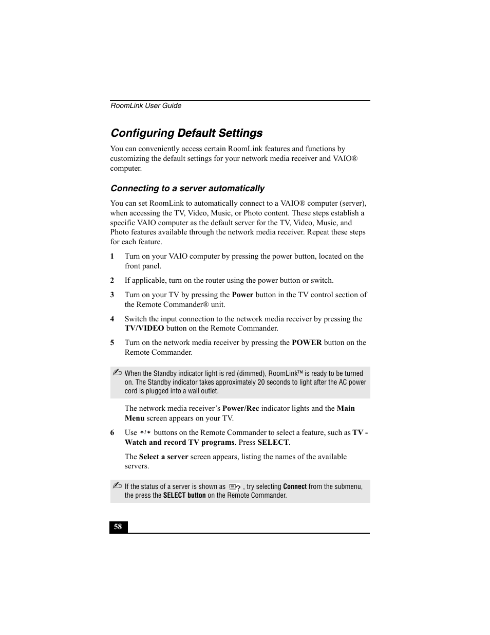 Configuring default settings, Connecting to a server automatically, Configuring default settings default settings | Sony PCNA-MR10 User Manual | Page 58 / 132