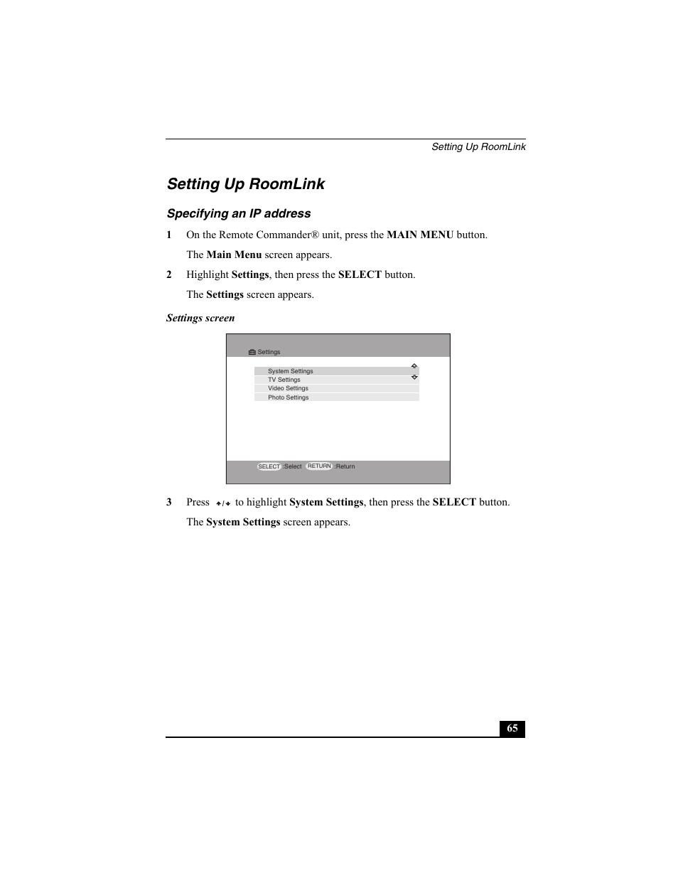 Setting up roomlink, Specifying an ip address | Sony PCNA-MR10 User Manual | Page 65 / 132