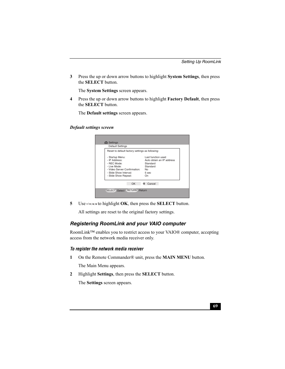 Registering roomlink and your vaio computer, To register the network media receiver | Sony PCNA-MR10 User Manual | Page 69 / 132