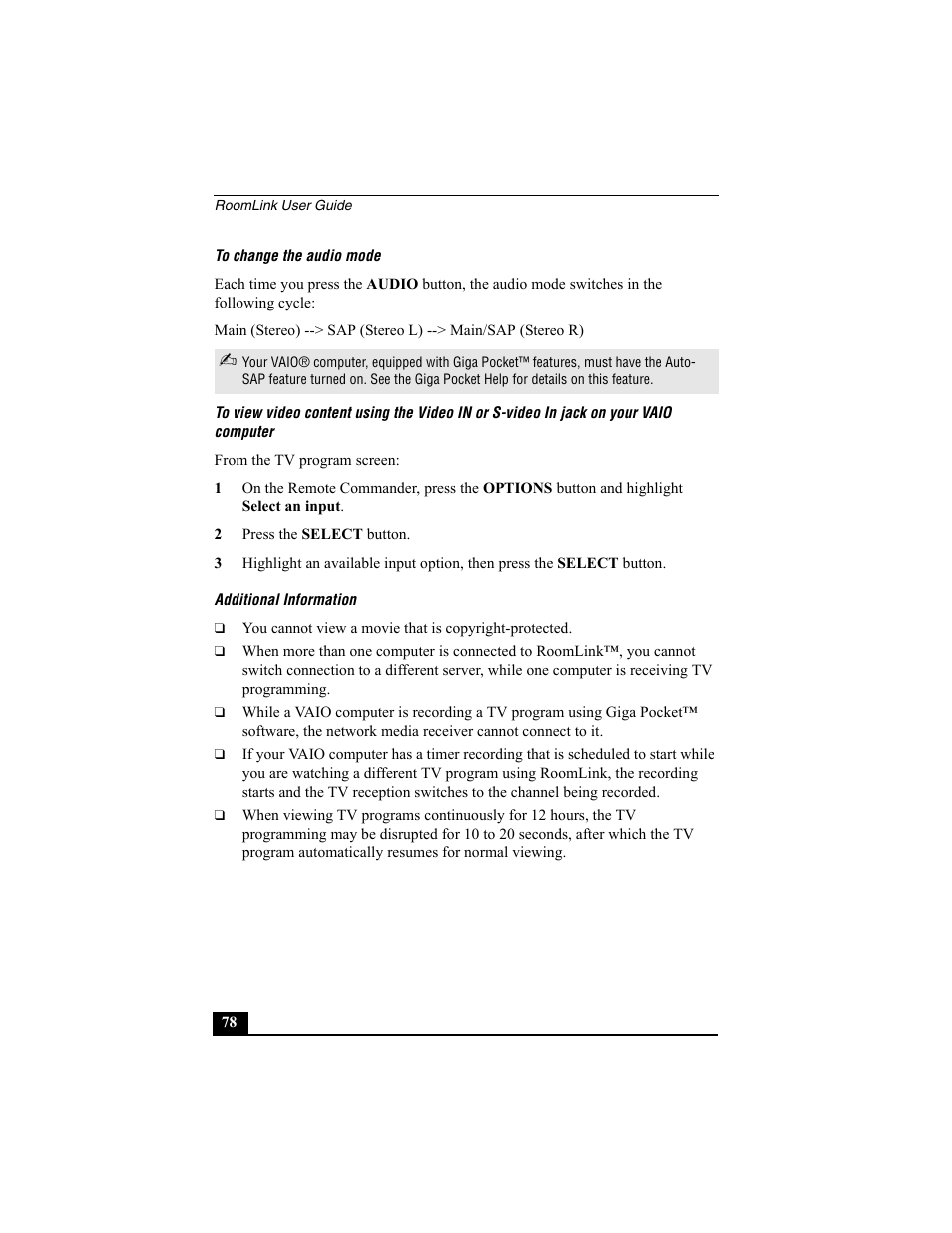 To change the audio mode, Additional information | Sony PCNA-MR10 User Manual | Page 78 / 132