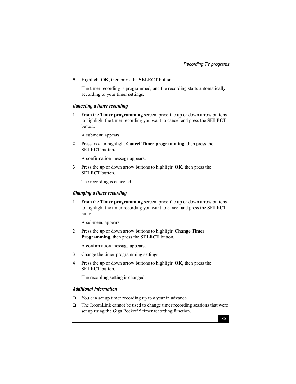 Canceling a timer recording, Changing a timer recording, Additional information | Sony PCNA-MR10 User Manual | Page 85 / 132