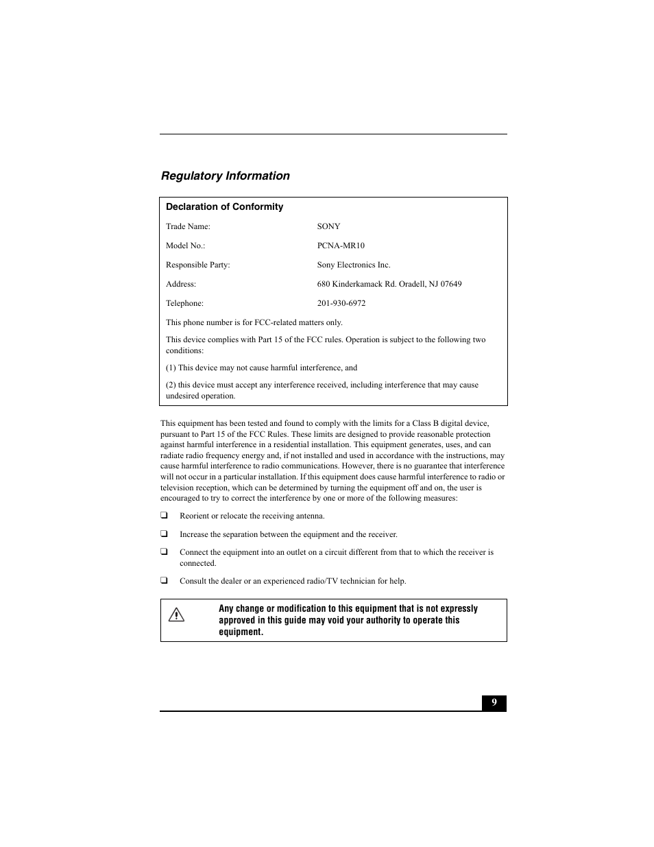 Regulatory information | Sony PCNA-MR10 User Manual | Page 9 / 132