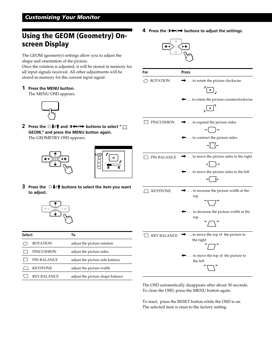 Using the geom (geometry) on- screen display, Customizing your monitor | Sony CPD-100GS User Manual | Page 10 / 22
