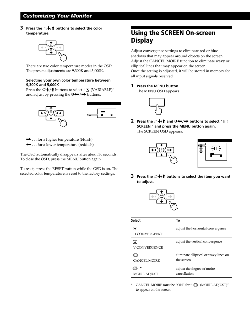 Using the screen on-screen display, Customizing your monitor | Sony CPD-100GS User Manual | Page 12 / 22