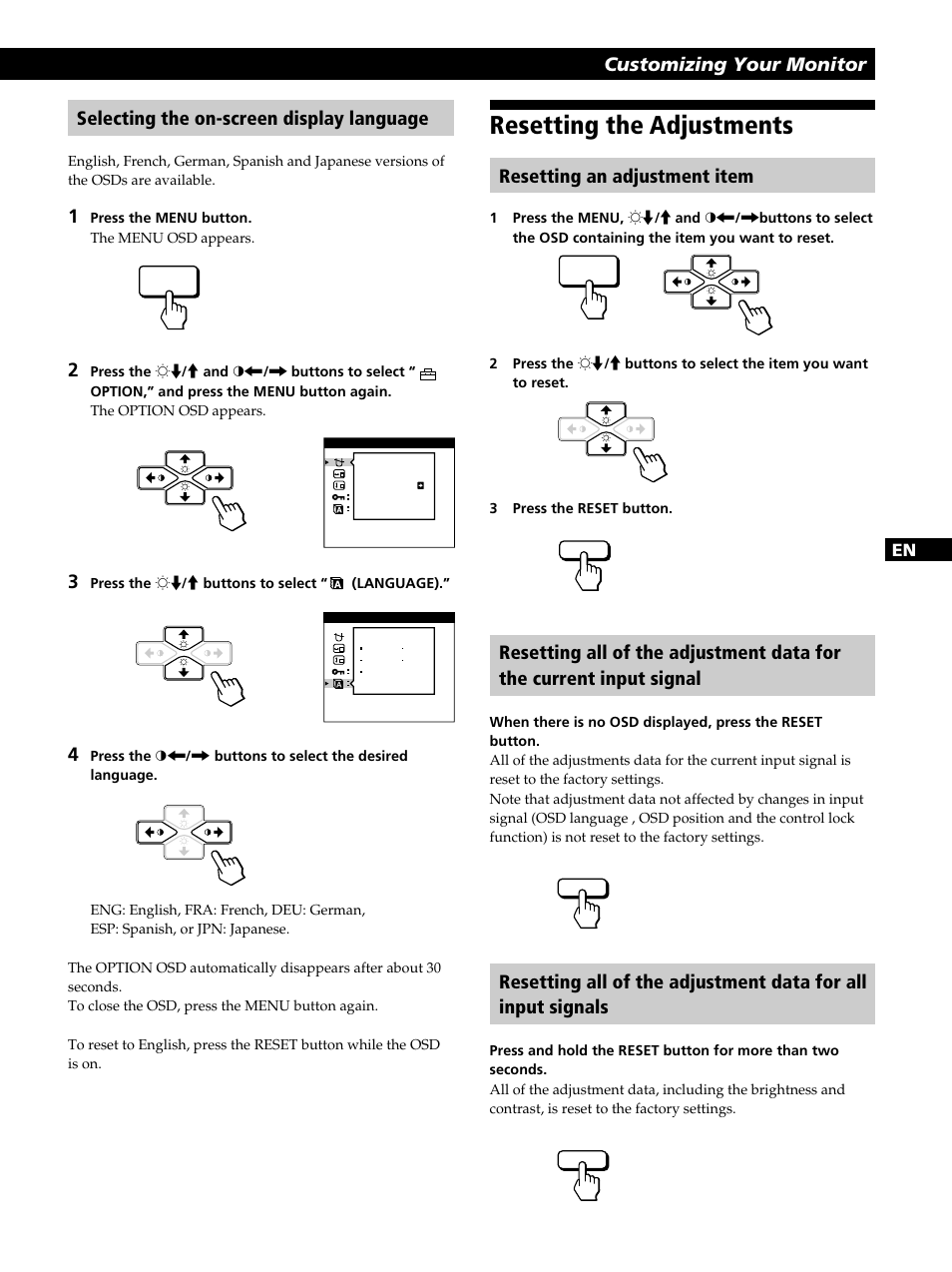 Resetting the adjustments, Getting started customizing your monitor, Resetting an adjustment item | Selecting the on-screen display language | Sony CPD-100GS User Manual | Page 15 / 22