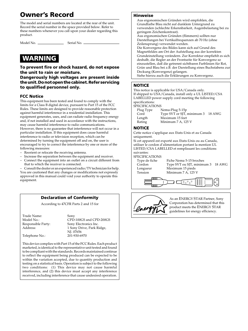 Owner’s record, Warning | Sony CPD-100GS User Manual | Page 2 / 22
