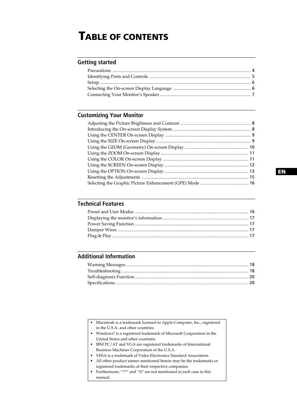Able of contents | Sony CPD-100GS User Manual | Page 3 / 22