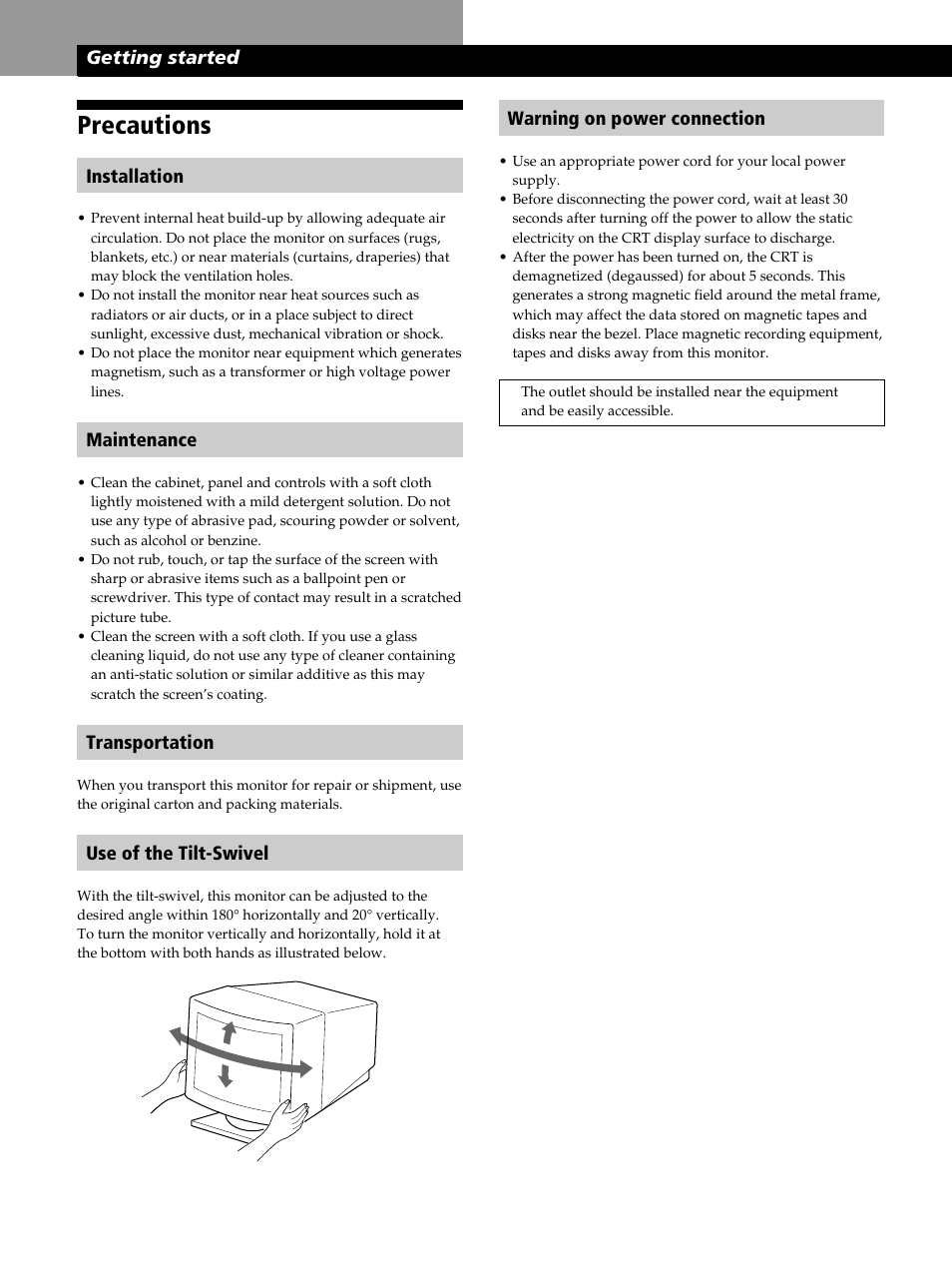 Precautions, Getting started warning on power connection, Installation | Maintenance, Transportation, Use of the tilt-swivel, Getting started | Sony CPD-100GS User Manual | Page 4 / 22