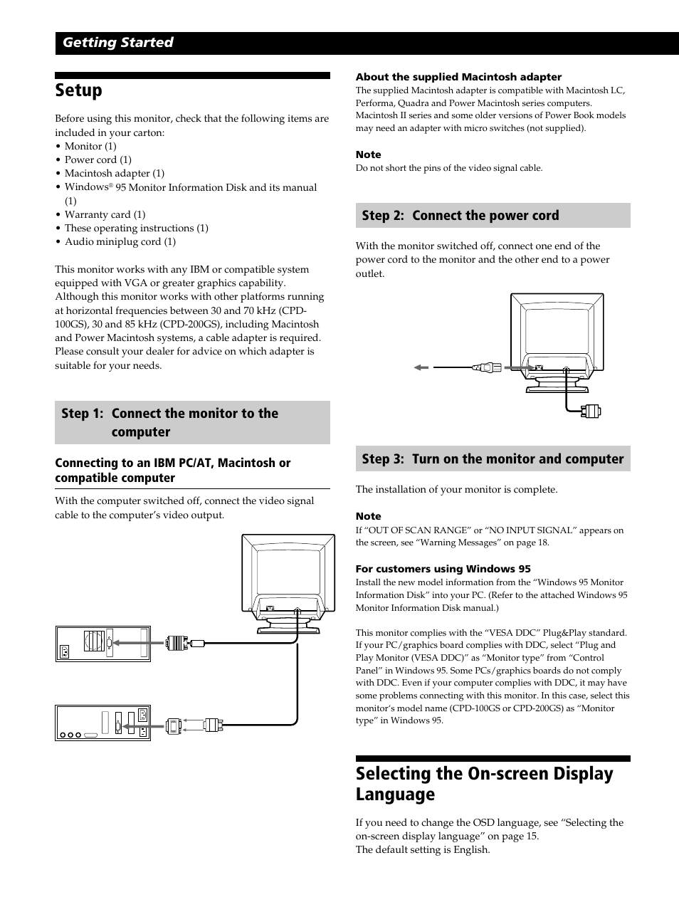 Selecting the on-screen display language, Setup, Getting started | Step 2: connect the power cord, Step 3: turn on the monitor and computer, Step 1: connect the monitor to the computer | Sony CPD-100GS User Manual | Page 6 / 22