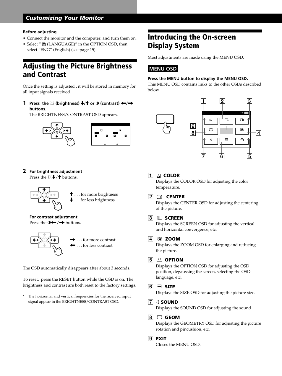 Introducing the on-screen display system, Adjusting the picture brightness and contrast, Customizing your monitor | Sony CPD-100GS User Manual | Page 8 / 22